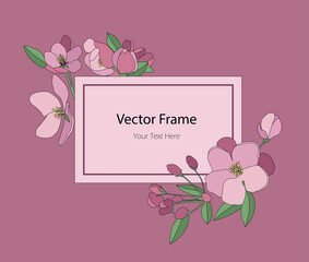 Color vector illustration of beautiful magnolia flowers. Vector frame. Greeting card with flowers, can be used as an invitation card for a wedding, birthday and other holiday and summer backgrounds.