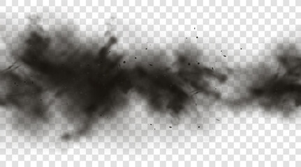 Black smoke or fog isolated on transparent light background. Abstract black powder explosion with particles. Colorful dust cloud explode, paint holi, mist smog effect. Realistic vector illustration © janevasileva