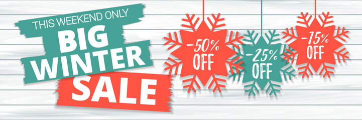 Naklejka na ściany i meble Big winter sale offer, banner template. Colored paper origami snowflake with lettering, isolated on wooden background. After Christmas sale tags. Shop market poster design. Vector illustration EPS 10.