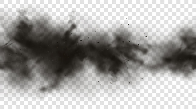 Black smoke or fog isolated on transparent light background. Abstract black powder explosion with particles. Colorful dust cloud explode, paint holi, mist smog effect. Realistic vector illustration