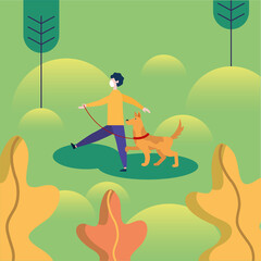 Man with medical mask and dog at park vector design