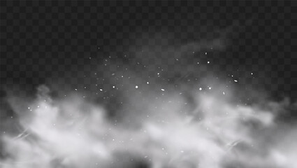 White snow explosion with particles and snowflakes splash isolated on transparent dark background. White flour powder explosion, Holi paint powder. Smog or fog effect. Realistic vector illustration