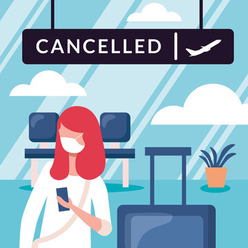 Woman With Medical Mask And Cancelled Flight Board Vector Design