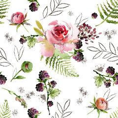 cute seamless pattern with roses and summer forest berryes. botanical illustration