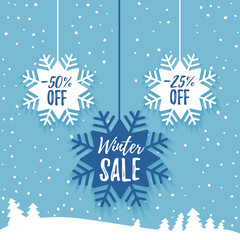 Fototapeta na wymiar Winter sale promo poster ads. Flat paper snowflake tag with long shadow and winter forest on the blue background. Web banner for e-commerce, on-line shop, fashion beauty shop, store. Vector.