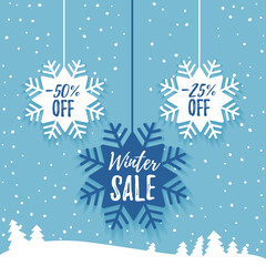 Winter sale promo poster ads. Flat paper snowflake tag with long shadow and winter forest on the blue background. Web banner for e-commerce, on-line shop, fashion beauty shop, store. Vector.