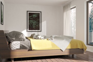 modern bedroom with natural background in windows interior design. 3D illustration