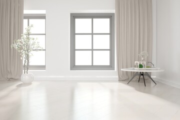 Fototapeta na wymiar modern empty room with table,plants,curtains interior design. 3D illustration
