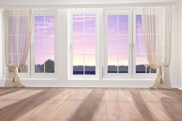 modern room with curtains and natural background in windows interior design. 3D illustration