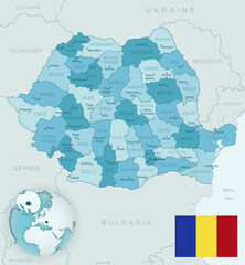 Obraz premium Blue-green detailed map of Romania administrative divisions with country flag and location on the globe.