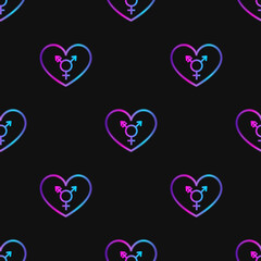 Seamless pattern with neon heart with transgender symbol on black background. Violet, pink and blue gradient. Stock illustrtaion for web, print, holiday cards and invitations, wallpaper