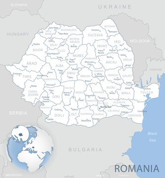 Blue-gray detailed map of Romania administrative divisions and location on the globe.