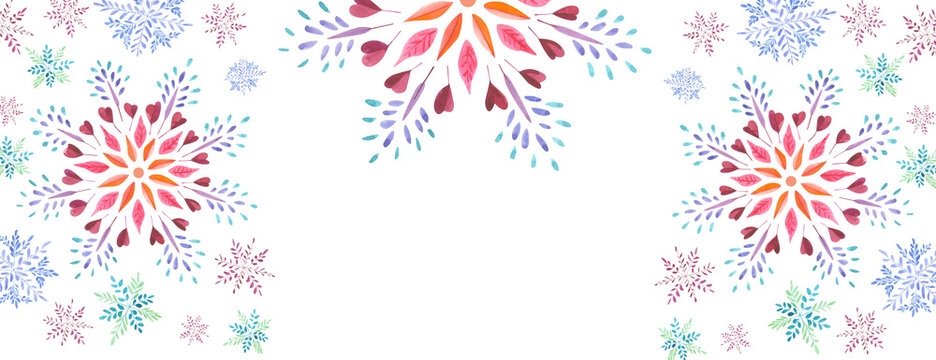 banner with abstract watercolor floral snowflakes