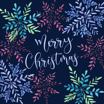 Merry christmas card decorated with watercolor colorful snowflakes