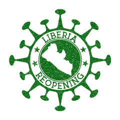 Liberia reopening stamp. Green round badge of country with map of Liberia. Country opening after lockdown. Vector illustration.