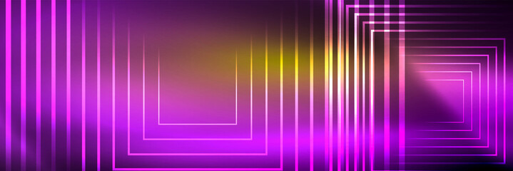 Shiny neon glowing techno lines, hi-tech futuristic abstract background template with square shapes