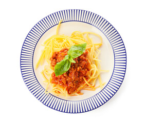 Plate with tasty pasta bolognese on white background
