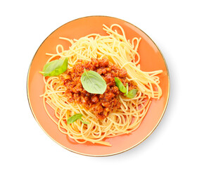 Plate with tasty pasta bolognese on white background