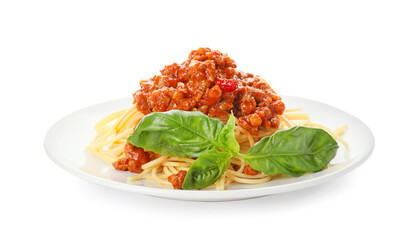 Plate with tasty pasta bolognese on white background
