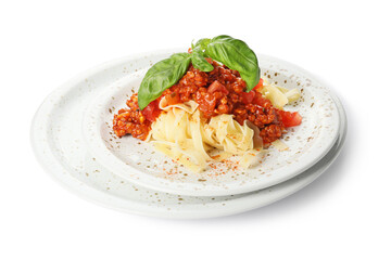 Plate with tasty pasta bolognese on white background