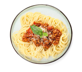 Plate with tasty pasta bolognese on white background