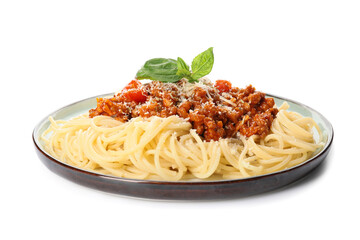 Plate with tasty pasta bolognese on white background