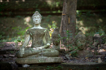 Fototapeta na wymiar Ancient old damaged Buddha statue sculpture of stone were left statue in the forest ruin temple of Thailand