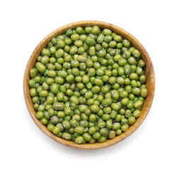 Bowl with mung beans on white background