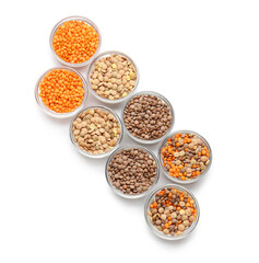 Bowls with lentils on white background
