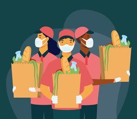 delivery woman and men with masks and shopping bag vector design
