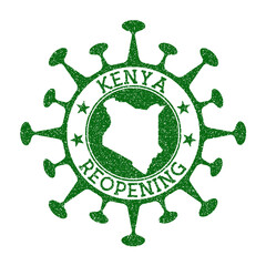 Kenya reopening stamp. Green round badge of country with map of Kenya. Country opening after lockdown. Vector illustration.