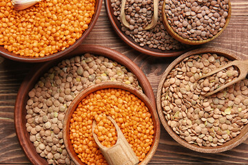 Different raw lentils on table