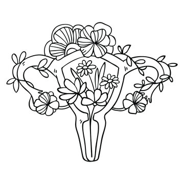 Vector illustration in cartoon style with beauty female reproductive system with flowers. Hand drawn uterus,  female reproductive sex organ