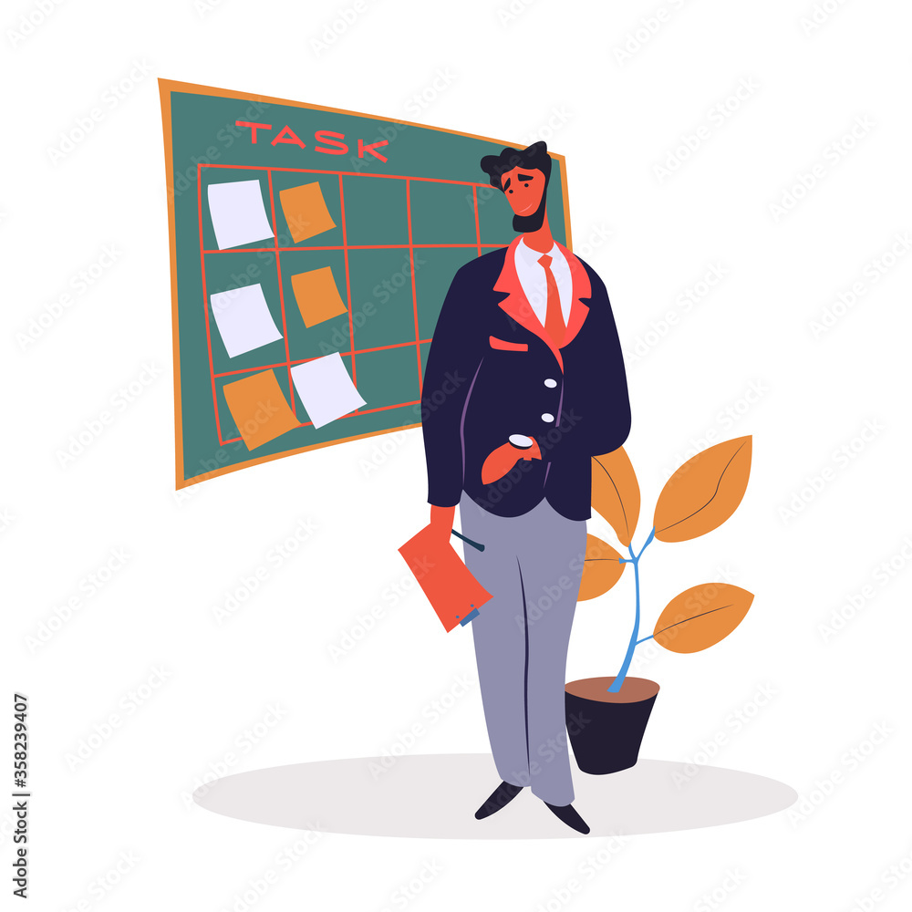 Poster tasks organization and time management vector. bearded man stand with document in hand. office worke