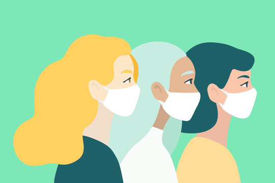 Women in protect mask from virus infection and without, in modern design.  Hand drawn vector illustration, isolated on background