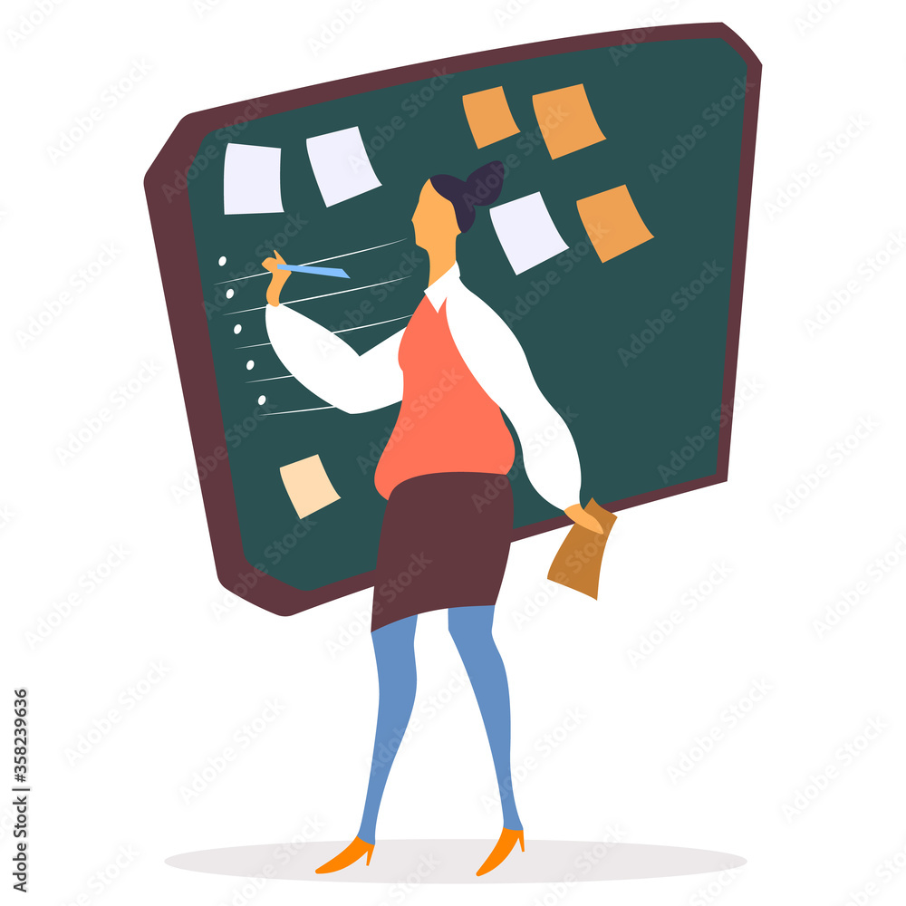 Poster woman filling list on whiteboard vector. leader of company giving tasks on board. taskboard with sti