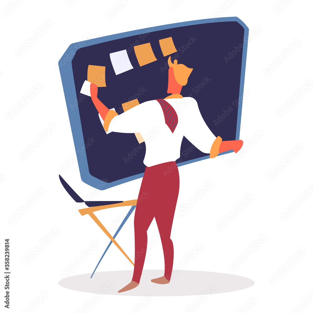 Poster man putting memos on board for productivity increasing vector. director of company with table and st