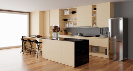 beige modern kitchen island idea 3d rendering interior design