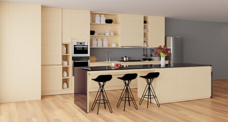3d rendering of a beige modern kitchen interior with island
