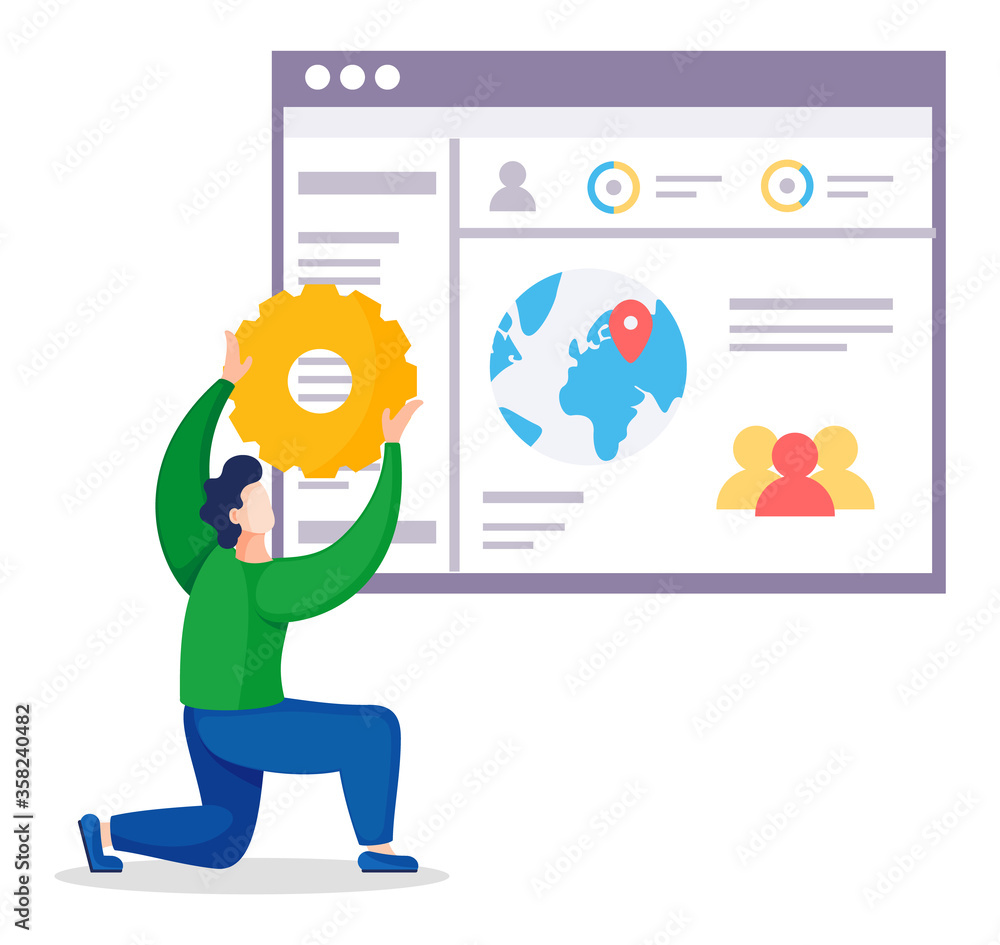 Poster person holding setting symbol, website optimization icon isolated on white. developing technology in