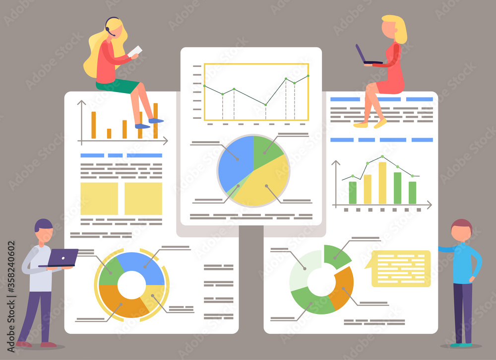 Poster people standing near boards with analytics information and diagrams. man and woman working at office