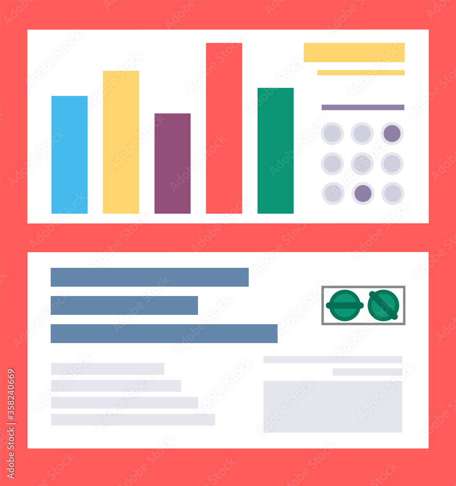 Poster red board with analytics information on it. financial diagrams and charts for business reports. pres