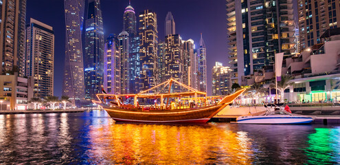 Dubai Marina district skyline at night, United Arab Emirates