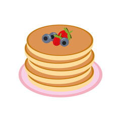 pancake with strawberries and blueberries on a plate in vector flat style, single element for design. food, american dessert