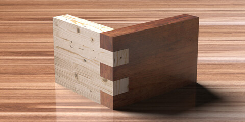 Wooden box joint jig, dovetail connection concept. Woodworking of corner assembling on wood. 3d illustration