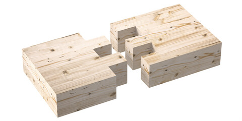 Wooden box joint jig, dovetail connection concept. Woodworking of separate pieces isolated on white background. 3d illustration