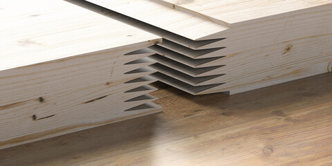 Finger joint wood connection concept. Woodworking of zigzag end on brown wood background. 3d illustration