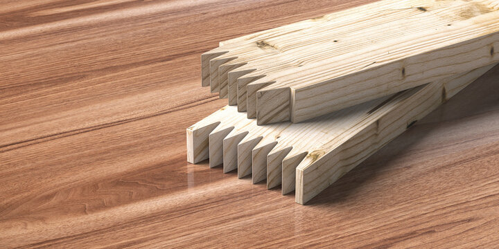 Finger joint wood connection concept. Woodworking of zigzag end on brown wood background. Floorboard closeup. 3d illustration
