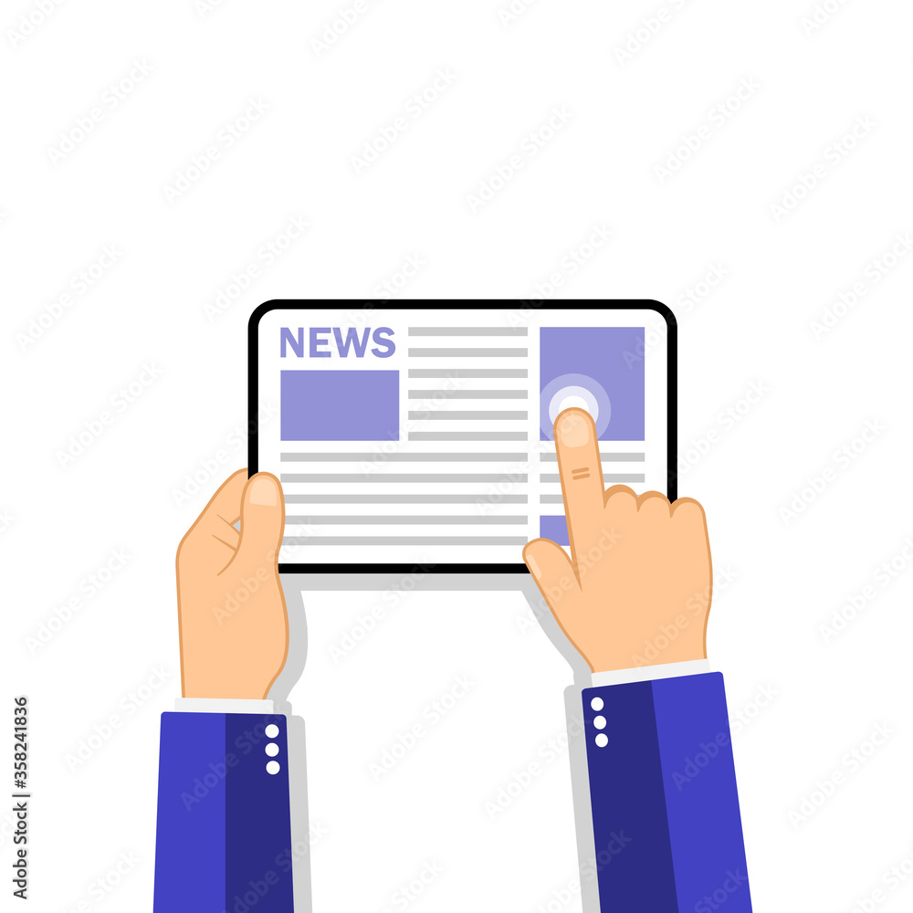Poster hands holding tablet computer with news icon on the screen.. flat design concept on isolated backgro