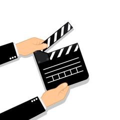 Movie clapperboard in human hands. Film icon. Cinematography concept. Vector on isolated background. Eps 10.